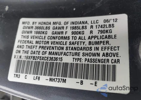 2012 Honda Civic Lx из США, поврежденный, VIN 19XFB2F5XCE363615